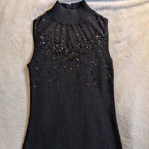 WOMENS TOP Turtleneck Sleeveless S Small Black Sequin Dressbarn Collection Zip